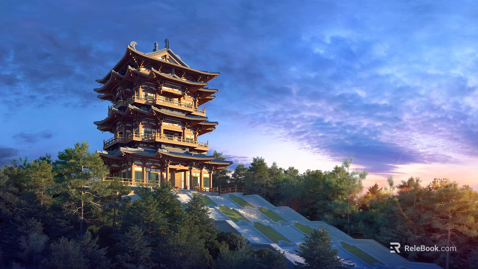 Historic Ancient Tower with Multi story Wooden Eaves Surrounded by Trees at Sunset 3d model 
