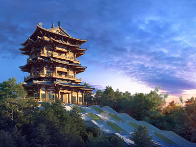 Historic Ancient Tower with Multi story Wooden Eaves Surrounded by Trees at Sunset 3d model