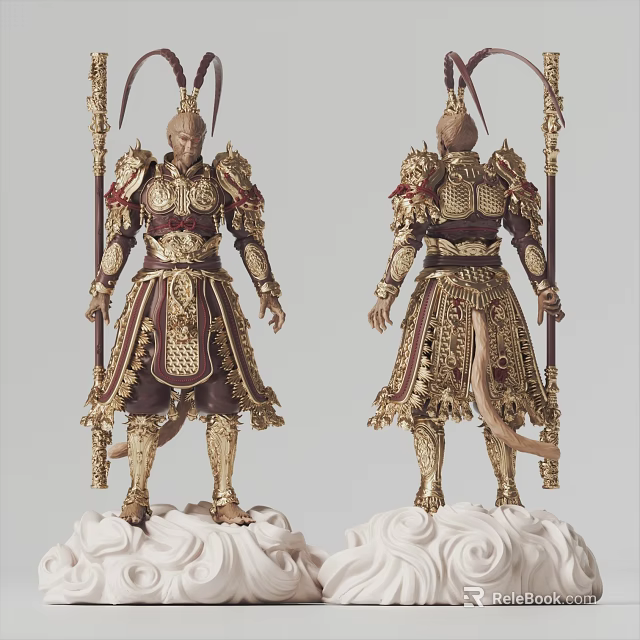 Intricate Warrior Sculpture With Golden Armor Red Accents Holding Long Staff Standing On Cloud Base 3d model 