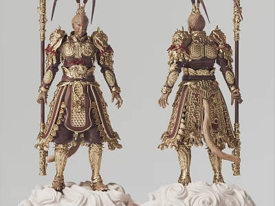 Intricate Warrior Sculpture With Golden Armor Red Accents Holding Long Staff Standing On Cloud Base 3d model
