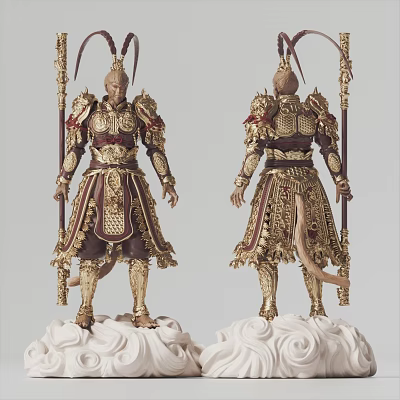 Intricate Warrior Sculpture With Golden Armor Red Accents Holding Long Staff Standing On Cloud Base 3d model