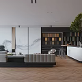 Modern Living Room Interior With Large Bookshelf Grey Sofa Green Plant And Coffee Table