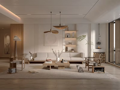 Modern Minimalist Living Room Interior With Beige Sofa Wooden Coffee Table And Green Plants 3d model