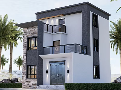 Modern Two Story Detached Villa With White Dark Gray Exterior And Palm Trees 3d model