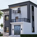 Modern Two Story Detached Villa With White Dark Gray Exterior And Palm Trees