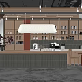 Modern Café Interior Design With Counter Coffee Machine Shelves Pendant Light And Seating