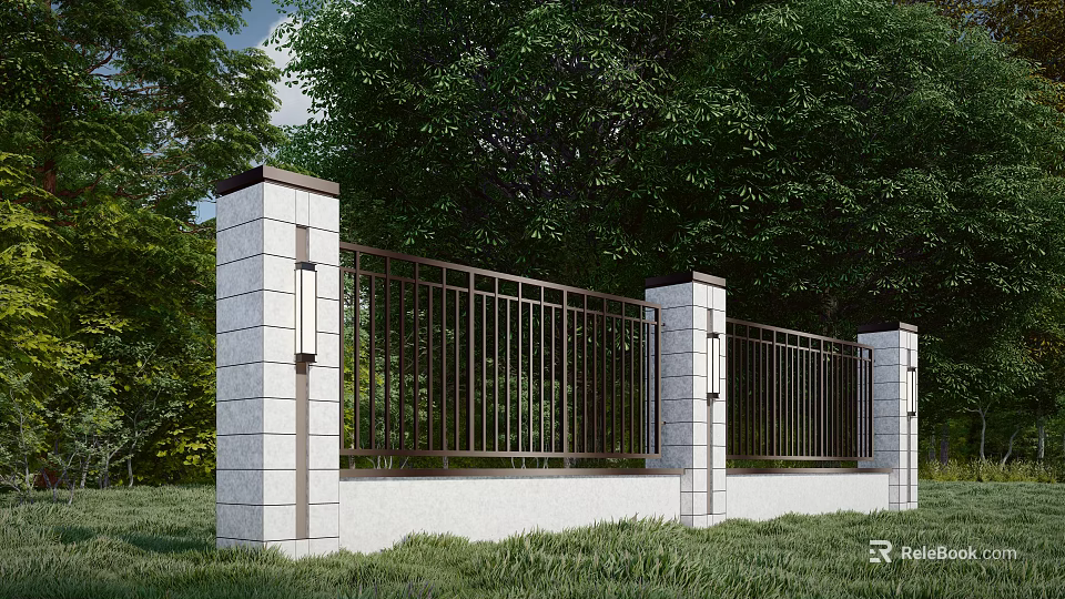 Modern Landscape Wall Design With Iron Railings Stone Pillars And Green Lawn 3d model 