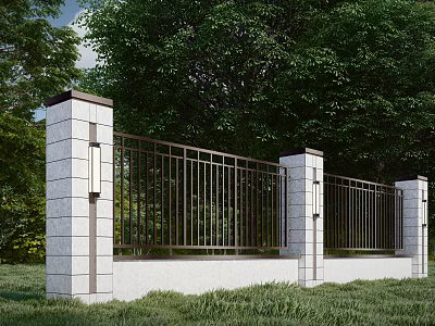 Modern Landscape Wall Design With Iron Railings Stone Pillars And Green Lawn 3d model