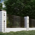 Modern Landscape Wall Design With Iron Railings Stone Pillars And Green Lawn