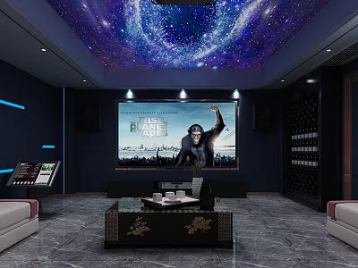 Home Theater Interior Design With Starry Sky Ceiling Large Screen Dark Walls And Comfortable Sofa 3d model
