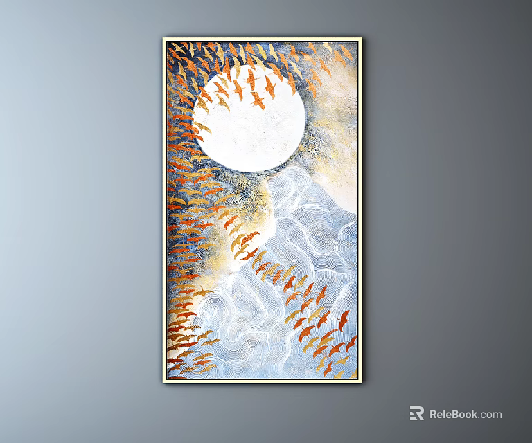 Abstract Painting Featuring Orange Fish Circular Moon And Wave Patterns 3d model