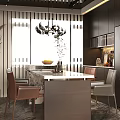 Modern Restaurant Interior With Spherical Chandeliers Marble Counter Cabinets And Green Plants