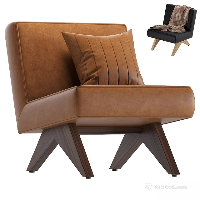 Elegant Modern Brown Leisure Chair Design With Striped Cushion And Wooden Legs 3d model 