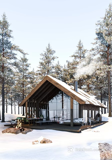 Detached Villa in Snowy Pine Forest with Wooden Structure Large Glass Windows and Smoking Chimney 3d model 