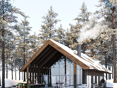 Detached Villa in Snowy Pine Forest with Wooden Structure Large Glass Windows and Smoking Chimney 3d model