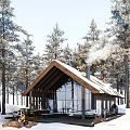 Detached Villa in Snowy Pine Forest with Wooden Structure Large Glass Windows and Smoking Chimney