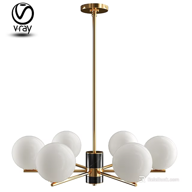 Modern Elegant Chandelier With Gold Metal Rod And White Glass Globe Shades 3d model 