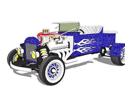 Vintage Custom Blue Car With Flame Graphics Exposed Engine And White Wheels 3d model