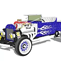 Vintage Custom Blue Car With Flame Graphics Exposed Engine And White Wheels