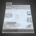 Garden Ornamental Elements With Stone Basin Wooden Platform And Decorative Seats