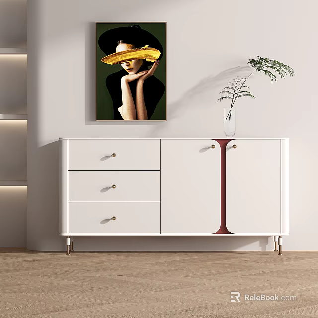 Modern Style White Entryway Console Cabinet With Gold Handles Drawers And Potted Plant Decor 3d model 