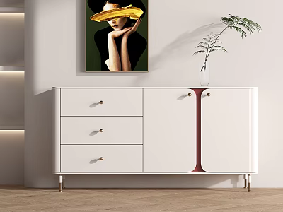 Modern Style White Entryway Console Cabinet With Gold Handles Drawers And Potted Plant Decor 3d model