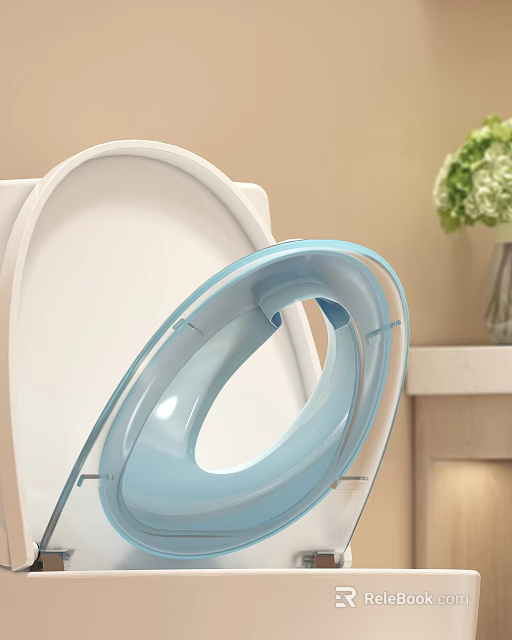 White Toilet With Blue Seat Ring And Green Plants In Modern Bathroom Setting 3d model 
