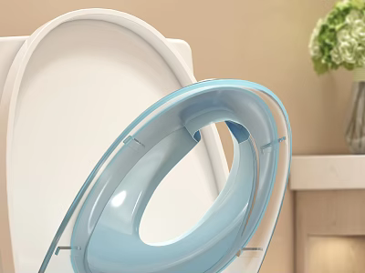 White Toilet With Blue Seat Ring And Green Plants In Modern Bathroom Setting 3d model