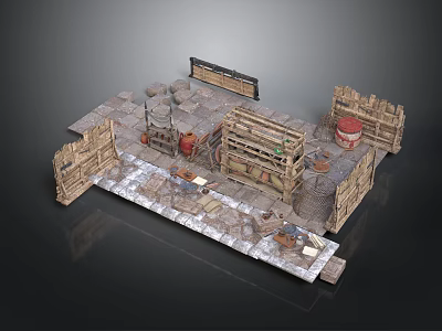 Ancient Market Scene With Stalls Stone Path Wooden Barrels And Shelves 3d model