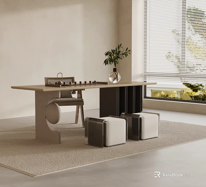 Modern Minimalist Tea Table And Chairs With Potted Plant Near Window 3d model 