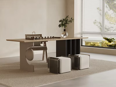 Modern Minimalist Tea Table And Chairs With Potted Plant Near Window 3d model