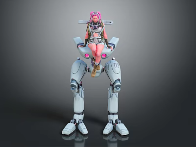 Pink Haired Character Riding On White Mech With Mechanical Legs And Armor 3d model