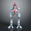 Pink Haired Character Riding On White Mech With Mechanical Legs And Armor
