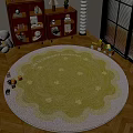 Round Rug With Soft Yellow And White Pattern In Kids Playroom Wooden Cabinets Near Window