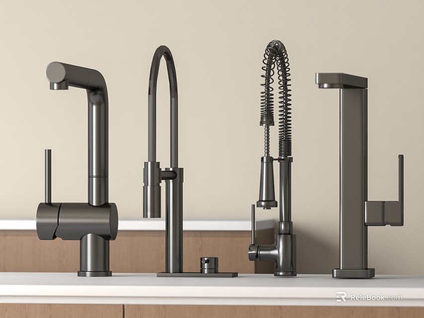 Various Modern Faucet Designs In Brushed Metal Finish On Wooden Countertop 3d model 