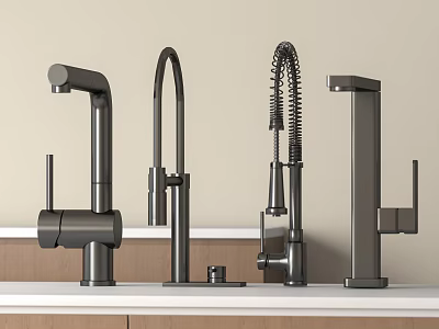 Various Modern Faucet Designs In Brushed Metal Finish On Wooden Countertop 3d model