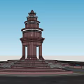 Traditional Red Pagoda Multi tiered Structure with Stone Base Architectural Design