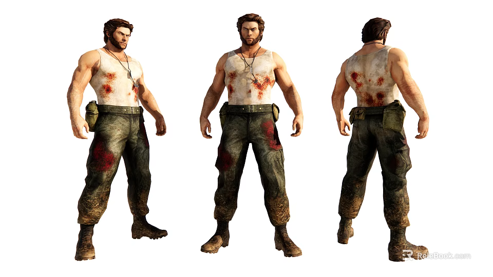 Muscular Man In White Tank Top With Bloodstained Pants And Boots Three Angles View 3d model 