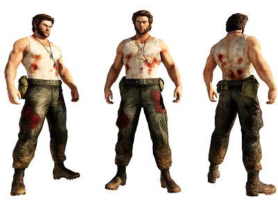 Muscular Man In White Tank Top With Bloodstained Pants And Boots Three Angles View 3d model