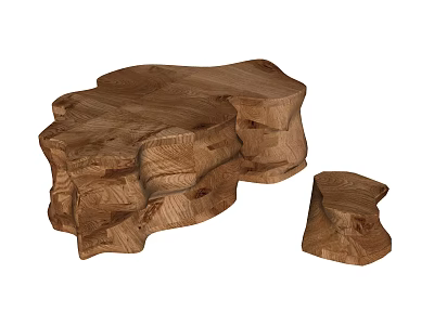 Handcrafted Root Carving Tea Table With Natural Wood Texture And Matching Small Stool 3d model