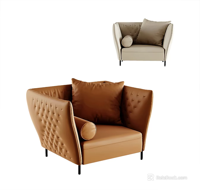 Brown Leather Single Sofa With Tufted Armrest And Modern Style Decorative Cushion 3d model