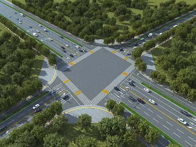 Road Infrastructure Intersection With Multiple Lanes Greenery Vehicles And Traffic Markings 3d model