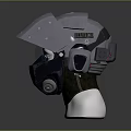 Tactical Weapon Helmet Featuring Protective Visor And Metal Construction Displayed On Stand