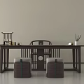 Chinese Style Solid Wood Tea Table and Chairs with Tea Set and Cushioned Stools 3d model