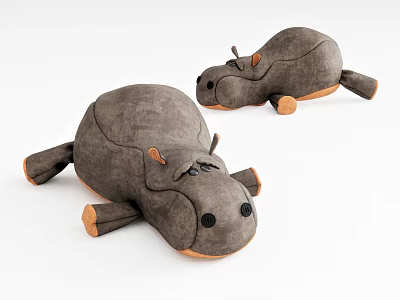 Stuffed gray hippo plush toys lying position with orange ears feet soft material 3d model