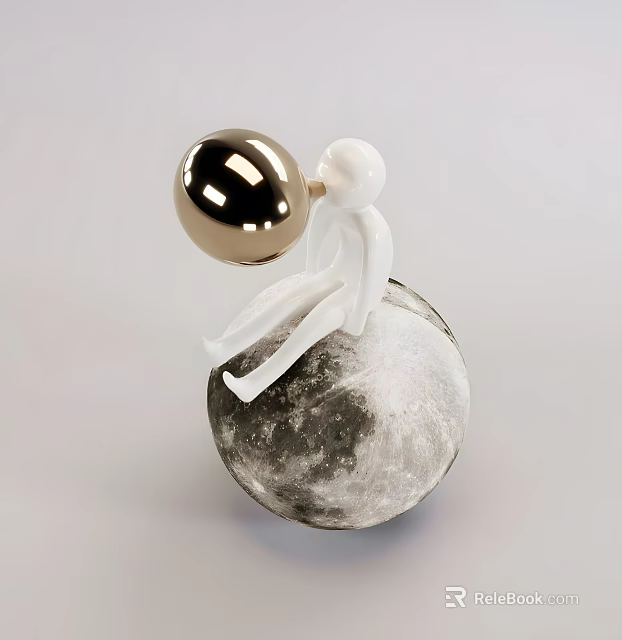 White Figure Decorative Ornament Set with Moon Surface Base and Golden Sphere 3d model 