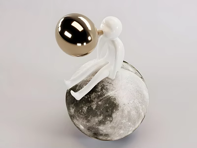 White Figure Decorative Ornament Set with Moon Surface Base and Golden Sphere 3d model