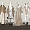 Mannequins In Stylish Beige White And Brown Outfits With Hats Boots And Long Dresses