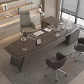 Elegant Walnut Executive Desk Workspace With Leather Office Chairs Laptop Lamp And Natural Light