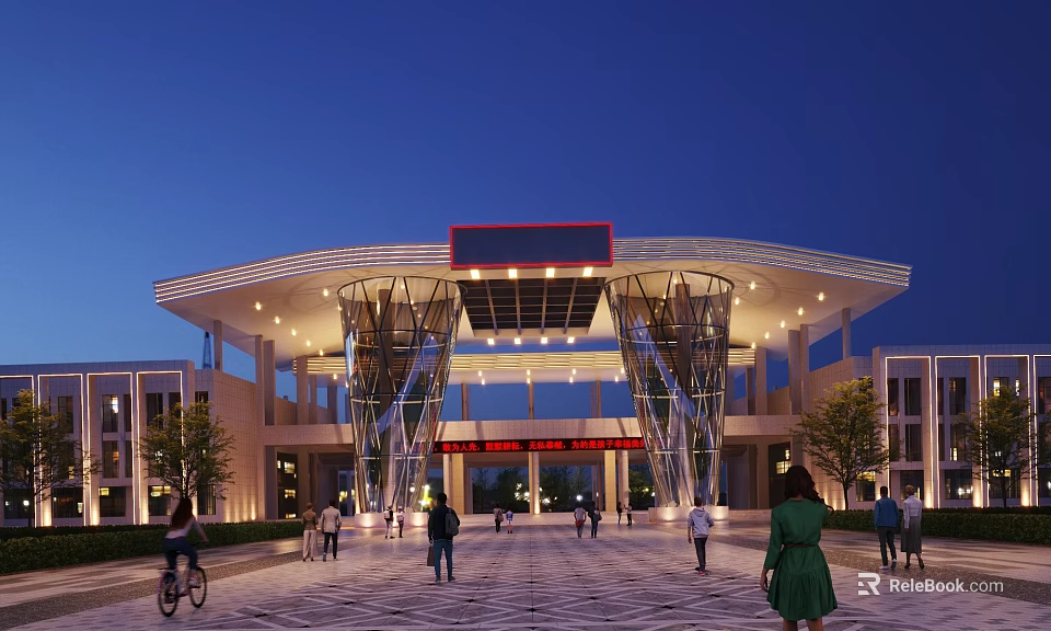 Modern Entrance Gate With Curved Roof Glass Metal Structure Nighttime Lighting And People On Plaza 3d model 